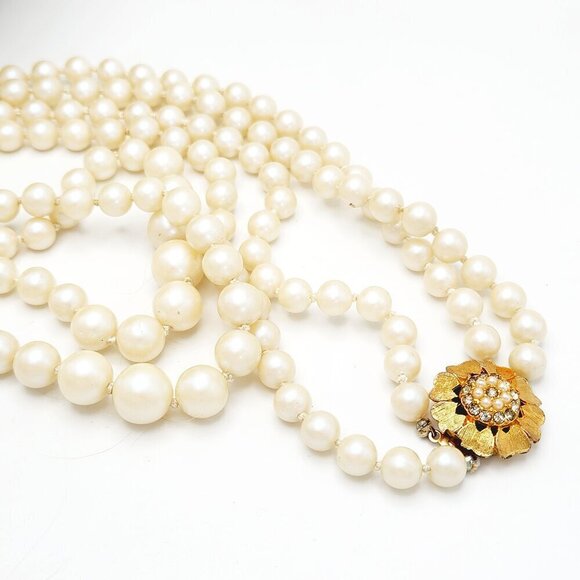 Vintage Cream Glass Pearl Floral Crystal Gold Tone Clasp Double Strand Necklace - Picture 1 of 6